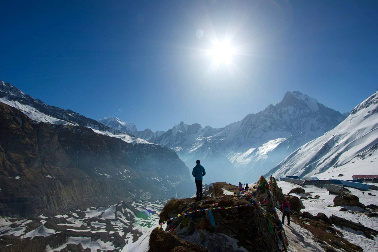 Trekking, tourisme au népal, découverte des randonnées avec l'Everest Népal, homme trekkeurs basé sur un point de vue qui surplombe la vallée, avec des montagnes