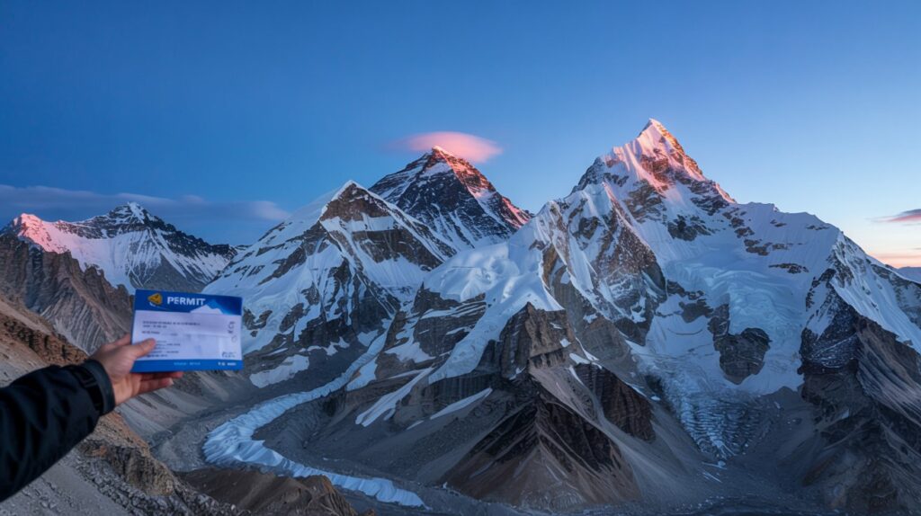 Le Mont Everest avec une main qui tend un permit juste devant, ciel bleu, sommets enneigés, la montagne au Népal avec l'Everest Népal