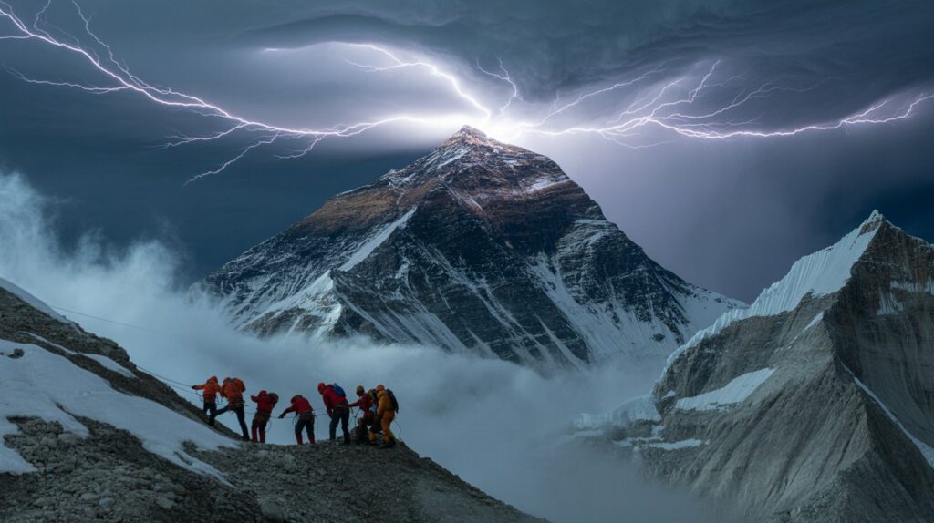Montagne Everest sous a tempête, mort des alpinistes 2025 saison